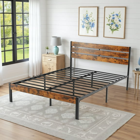 Queen Size Metal Bed Frame with Headboard, Heavy Duty Mattress Foundation with Steel Slats, No Box Spring Needed, Under Bed Storage, Easy Assembly, Rust Brown
