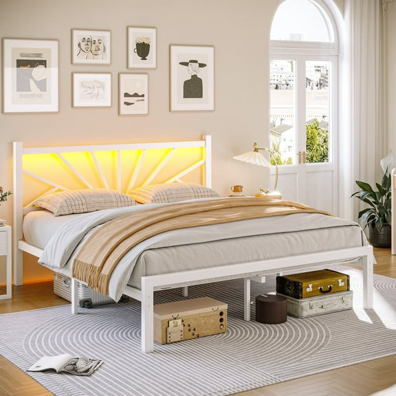 Queen Size Metal Bed Frame with Headboard Metal Platform Bed Frame with LED Lights Bed Frame Twin with Storage Underbed, Noise Free, No Box Spring, White