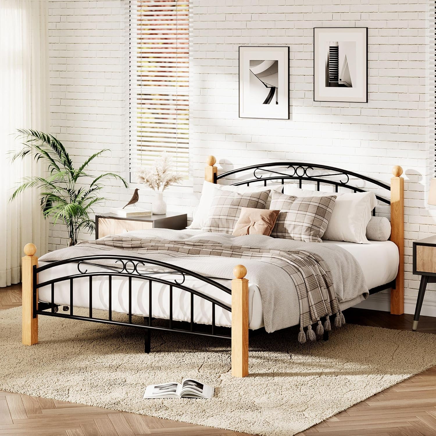 Queen Size Metal Bed Frame with Headboard, Queen Platform Metal Bed Frame Wooden Slat Support, No Box Spring Needed, Noise Free Sleep, Underbed Storage Space with Sturdy Steel Slats