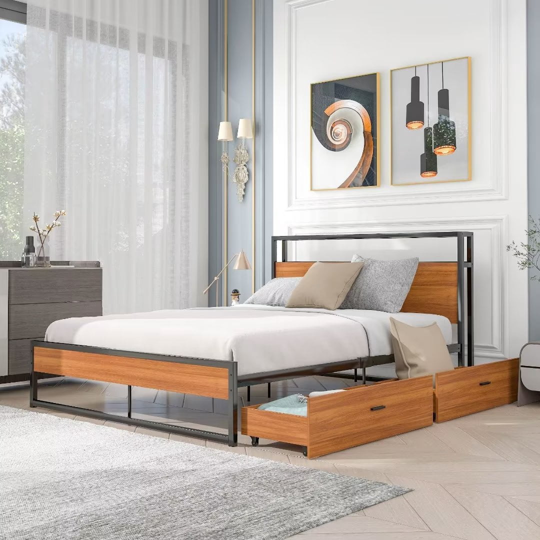 Queen Size Metal Bed Frame, Metal Platform Bed with 2 Storage Drawer ...