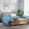 thumbnail image 1 of Queen Size Metal Bed Frame Platform 800 lbs Capacity with Wood Headboard and Footboard Rustic Brown, 1 of 8