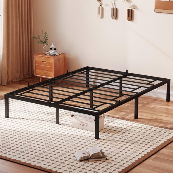 Queen Size Metal Bed Frame, Queen Size Heavy Duty Platform, Noise-Free Design, Steel Slats, No Box Spring Needed, Tool-Free Easy Assembly, Anti-Slip Mattress Stoppers & Rounded Corners