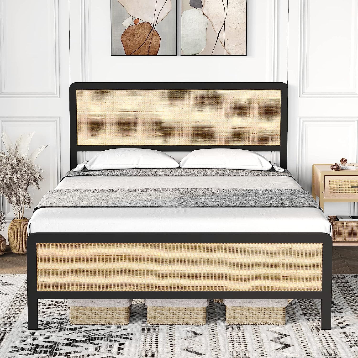 Queen Size Metal Bed Frame with Rattan Headboard and Footboard