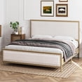 thumbnail image 1 of Queen Size Metal Bed Frame, Upholstered Platform Bed with Linen Headboard and Footboard, Wood Grain Bed Frame with Rivet, No Box Spring Needed, Vintage, Wood, 1 of 6