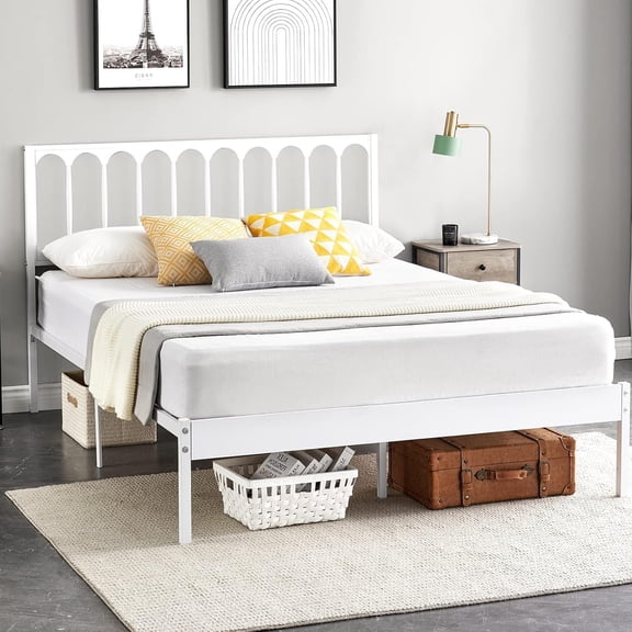 Queen Size Metal Bed Frame with Wave Headboard and 2 Storage Drawers, Metal Mattress Foundation, No Box Spring Needed, Under Bed Storage Space, Steel Slats Support, Easy Assembly, White