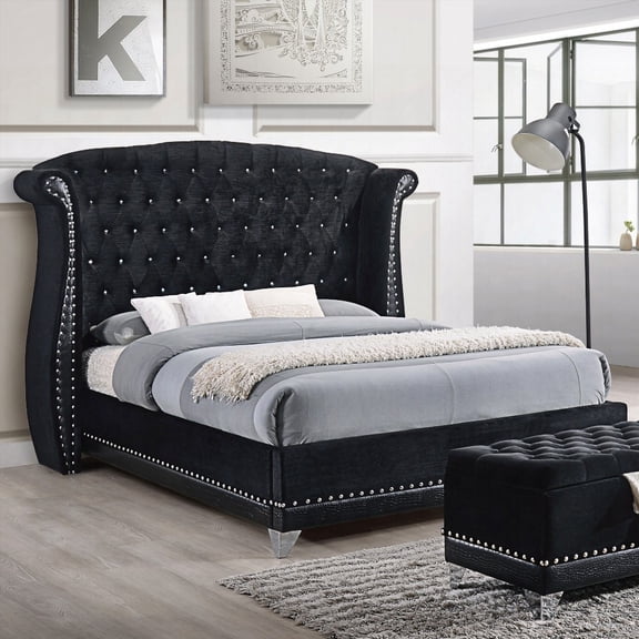 Queen Size upholstered platform bed frame with black metal and silent anti-sound for master bedroom.