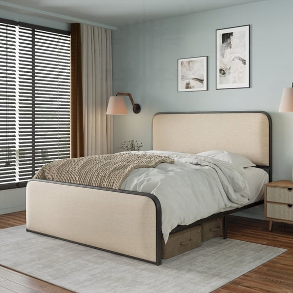 Queen-Size Metal Bed Frame featuring Soft Fabric Upholstery, Curved Headboard & Footboard, 8" Under Bed Storage, Beige