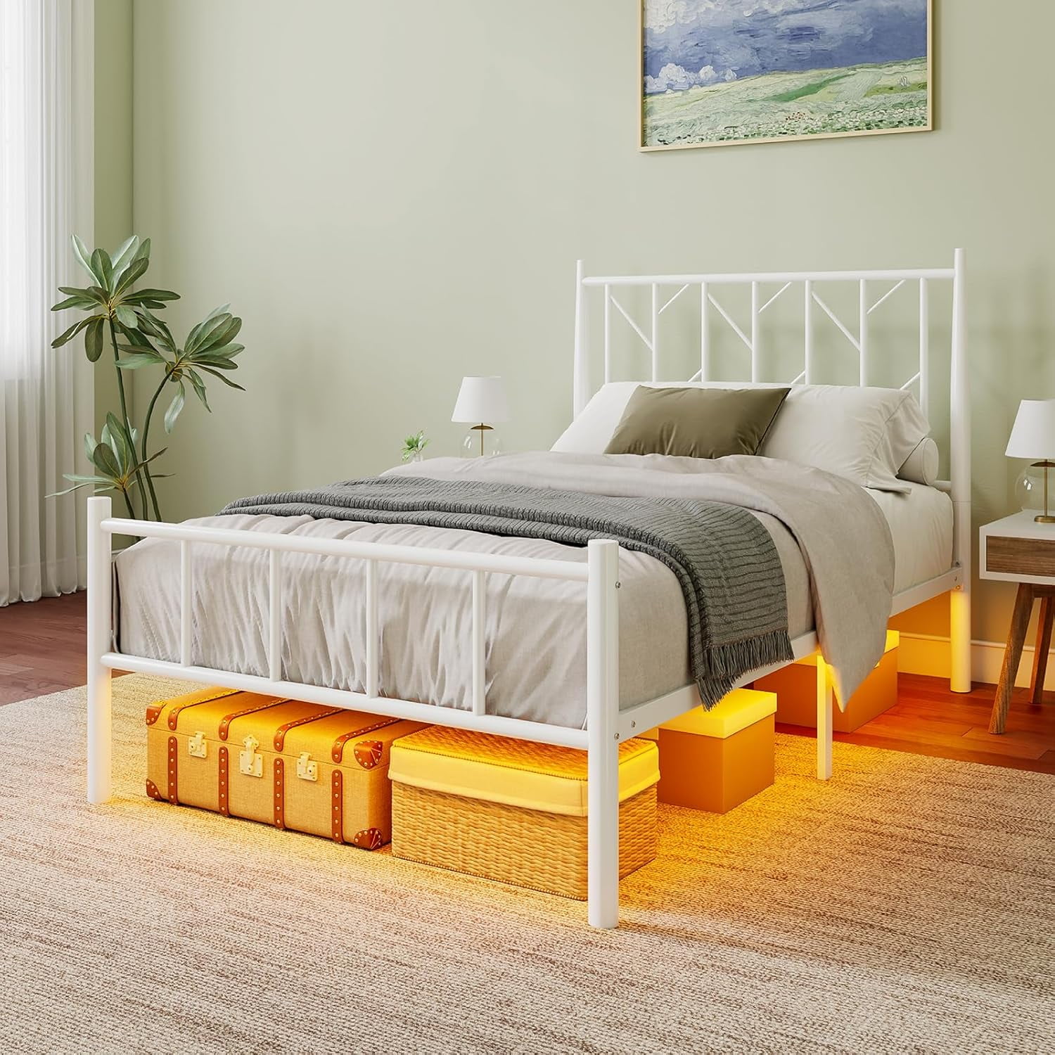Queen Size Metal Bed Frame with Adjustable Headboard, LED Lights Bed
