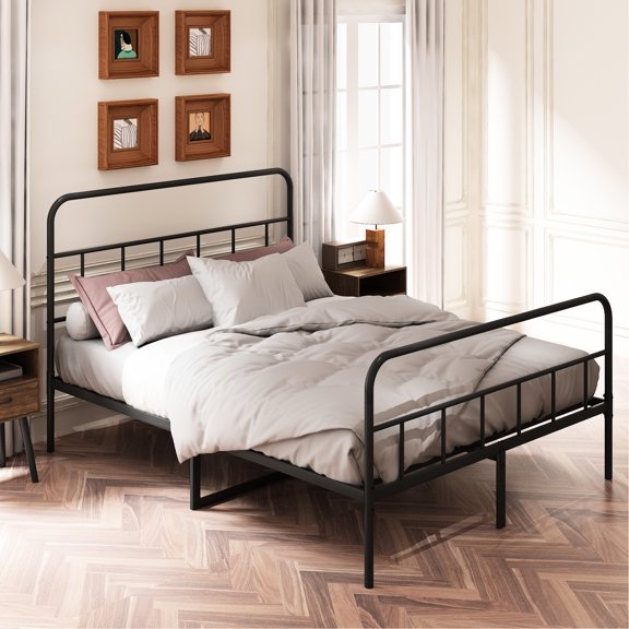 Queen Size Metal Bed With Headboard, Iron Build, No Need For Box Spring, Peaceful Sleep, Black Platform Frame & Construction, Spring Unrequired, Quiet Nighttime