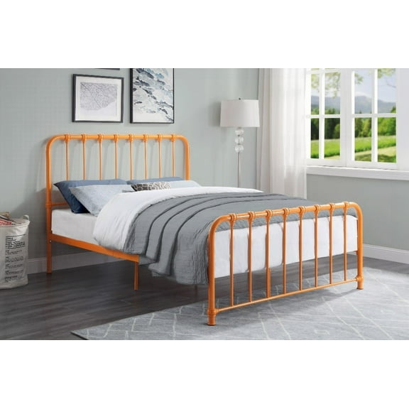 Queen Size Metal Bed in Orange Finish - 1pc, Boxed for Easy Shipping