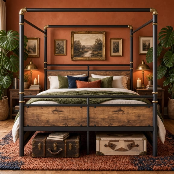 Queen Size Metal Canopy Bed, Upgraded Round-Pipe Metal Bed Frame, Industrial Modern Design, Black