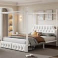 thumbnail image 1 of Queen Size Metal Canopy Platform Bed with Upholstered Headboard and Two Storage Drawers, White, 1 of 10