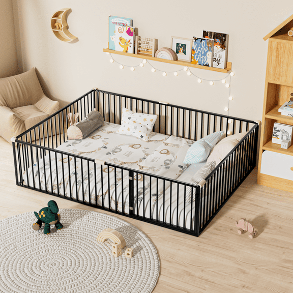 Queen Size Metal Floor Bed Frame with Fence and Door, Montessori Bedframe, No Box Spring Needed, Easy to Install, Black
