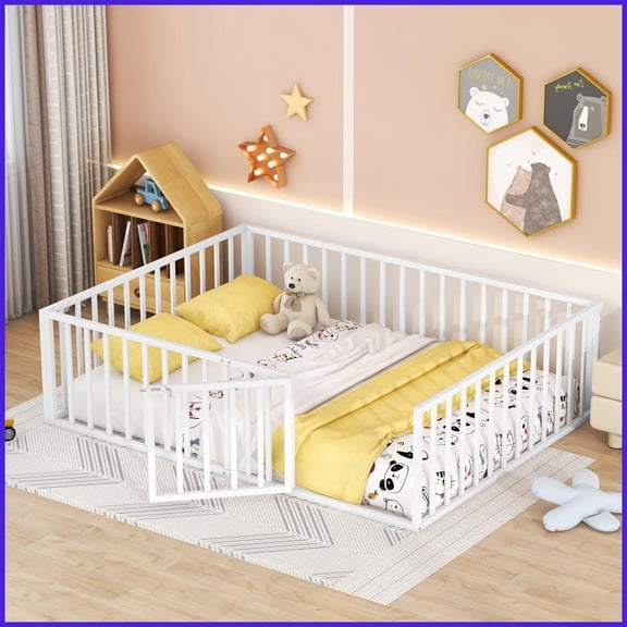 Queen Size Metal Floor Bed Frame with Fence & Door, White – Sturdy Open-Design for Bedroom