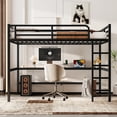 thumbnail image 1 of Queen Size Metal Loft Bed with Desk, Power Outlet and LED Light, Heavy Duty Loft Bed Frame with Ladder and Safety Guardrail, Noise Reduced, No Box Spring Needed, Black, 1 of 9