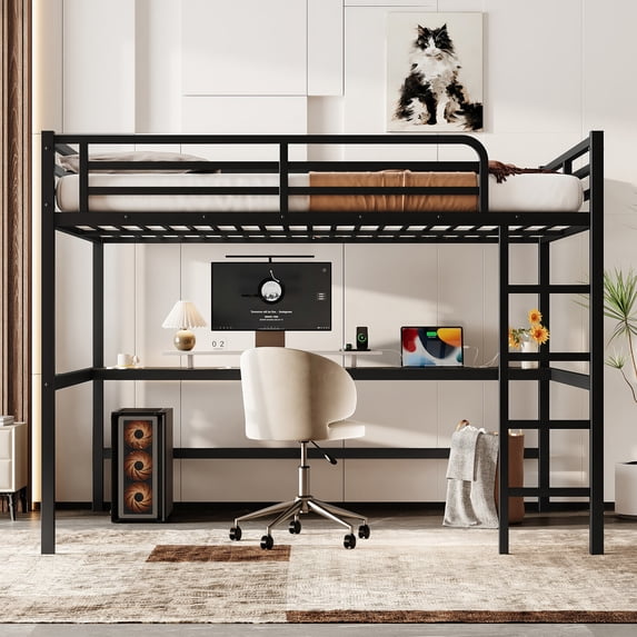 Queen Size Metal Loft Bed with Desk, Power Outlet and LED Light, Heavy Duty Loft Bed Frame with Ladder and Safety Guardrail, Noise Reduced, No Box Spring Needed, Black