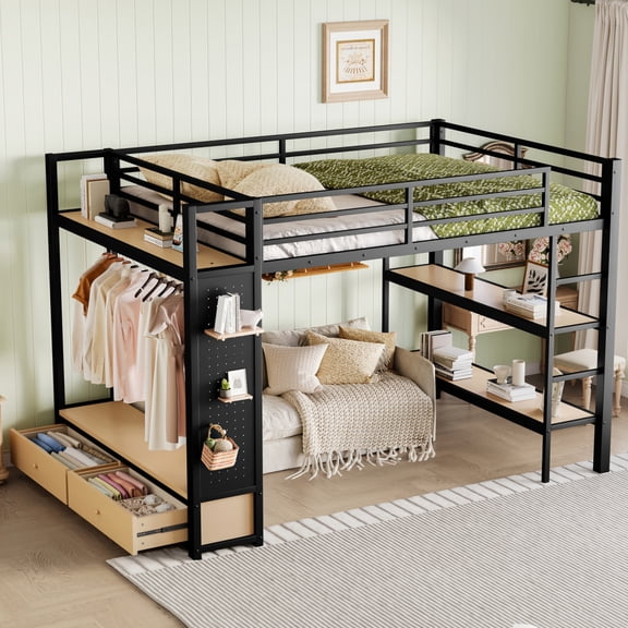Queen Size Metal Loft Bed Frame with Wardrobe, Storage Shelves & Pegboard, Multi-Functional Space-Saving Loft Bed for Bedroom, Sturdy Metal Construction,Black