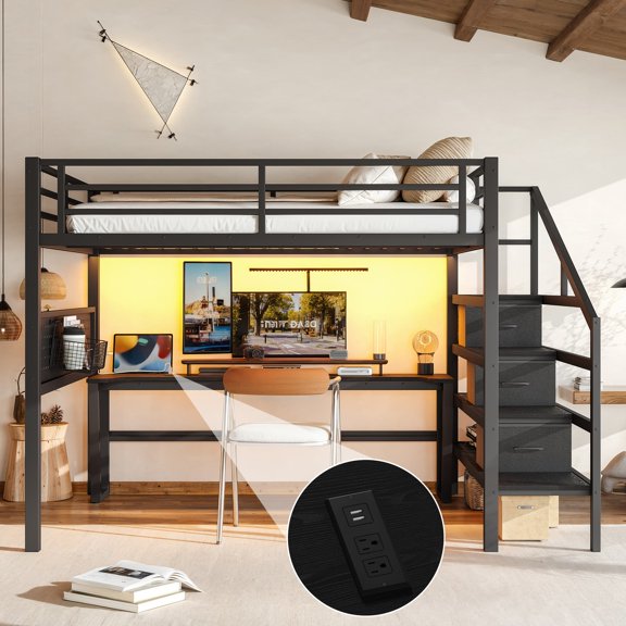 Queen Size Metal Loft Bed with Storage Stairs and Movable Desk with USB, Loft Bed Frame with 3 Fabric Drawers, LED Lights, Pegboard & Full-Length Guardrail for Dorm Guest Room, Black