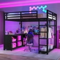 Queen Size Metal Loft Bed with Wardrobe and L-Shaped Desk, Space-Saving ...