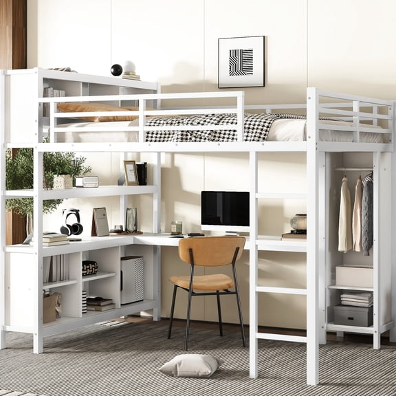 Queen Size Metal Loft Bed with 4 Storage Compartments | Space-Saving Solution for Small Rooms