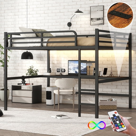 Queen Size Metal Loft Bed with Built-In Desk, Usb Power Outlet & Led Lights, Space-Saving Design with 350 Lbs Capacity, Black