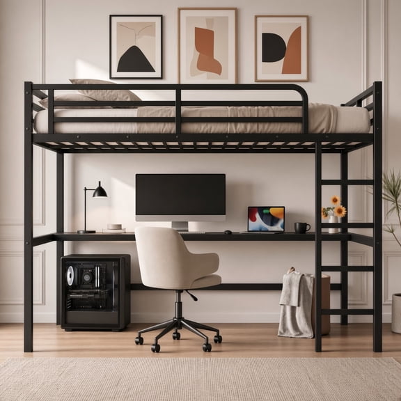 Queen Size Metal Loft Bed with Desk, USB Charging Station & LED Lights, Space-Saving Platform