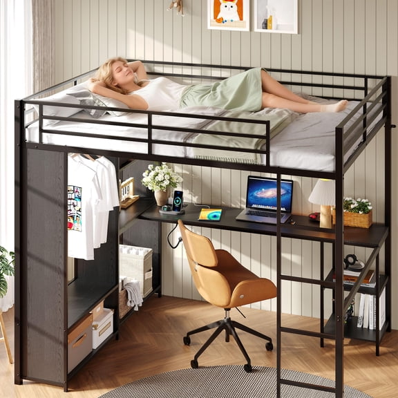 Queen Size Metal Loft Bed with Desk, Wardrobe & Storage Shelves, Space-Saving Loft Bed Frame with Ladder and Guardrails for Small Bedrooms
