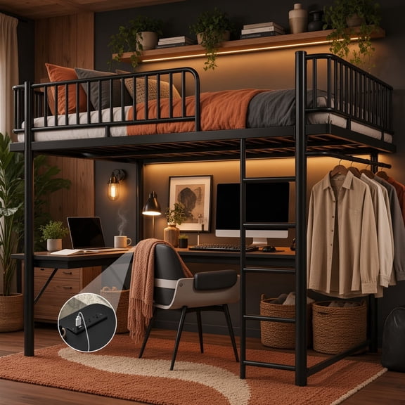 Queen Size Metal Loft Bed with L-Shaped Desk, LED Light Strip, Charging Station, Computer Tray & Hanging Area, Round-Pipe Design