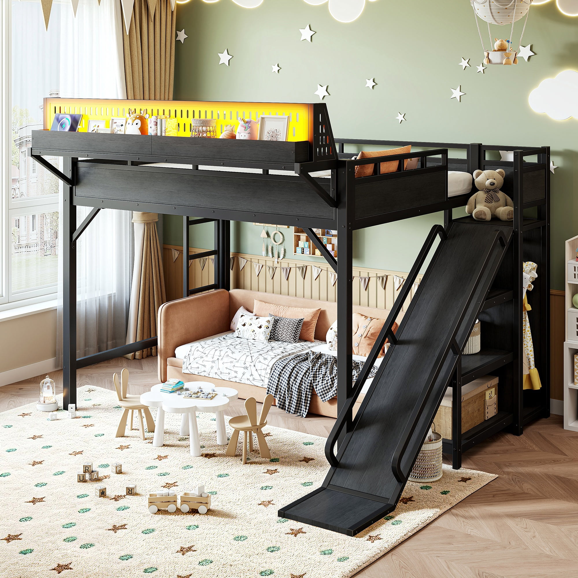 Queen Size Metal Loft Bed with Slide and Storage Shelves, Built-in Wardrobe and USB Ports with LED Lights for Kids, Black