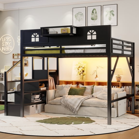 Queen Size Metal Loft Bed with Stairs - High House-Shaped Guardrails & Built-in Wardrobe,Black