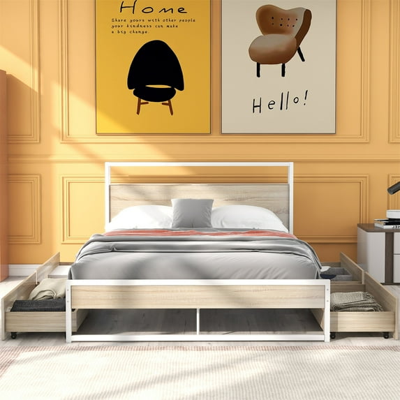 Queen Size Metal Platform Bed with 4 Storage Drawers, Platform Bed Frame with Wooden Headboard, Sockets and USB Ports, Bedroom Mattress Foundation with Slat Support, No Box Spring Needed, White
