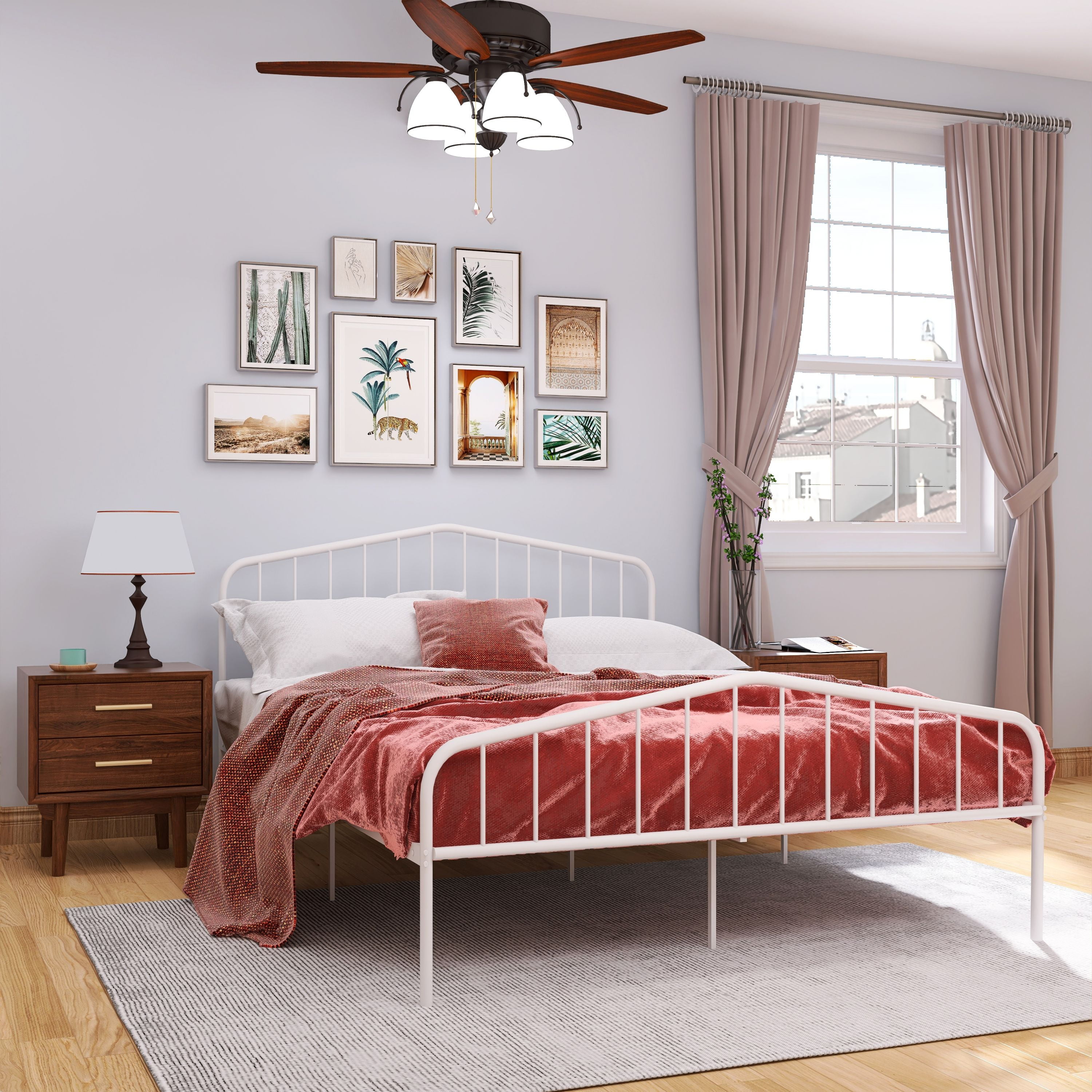 Queen Size Metal Platform Bed with Arched Headboard & Footboard, Under