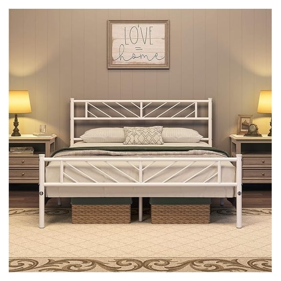 Queen Size Metal Platform Bed with Arrow Design Headboard and Footboard, 13 Inches Underbed Storage, 12 Built-in Steel Slats, No Box Spring Needed, White