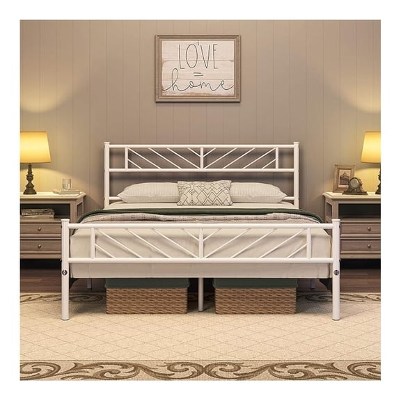 Queen Size Metal Platform Bed with Arrow Design Headboard and Footboard, 13 Inches Underbed Storage, 12 Built-in Steel Slats, No Box Spring Needed, White