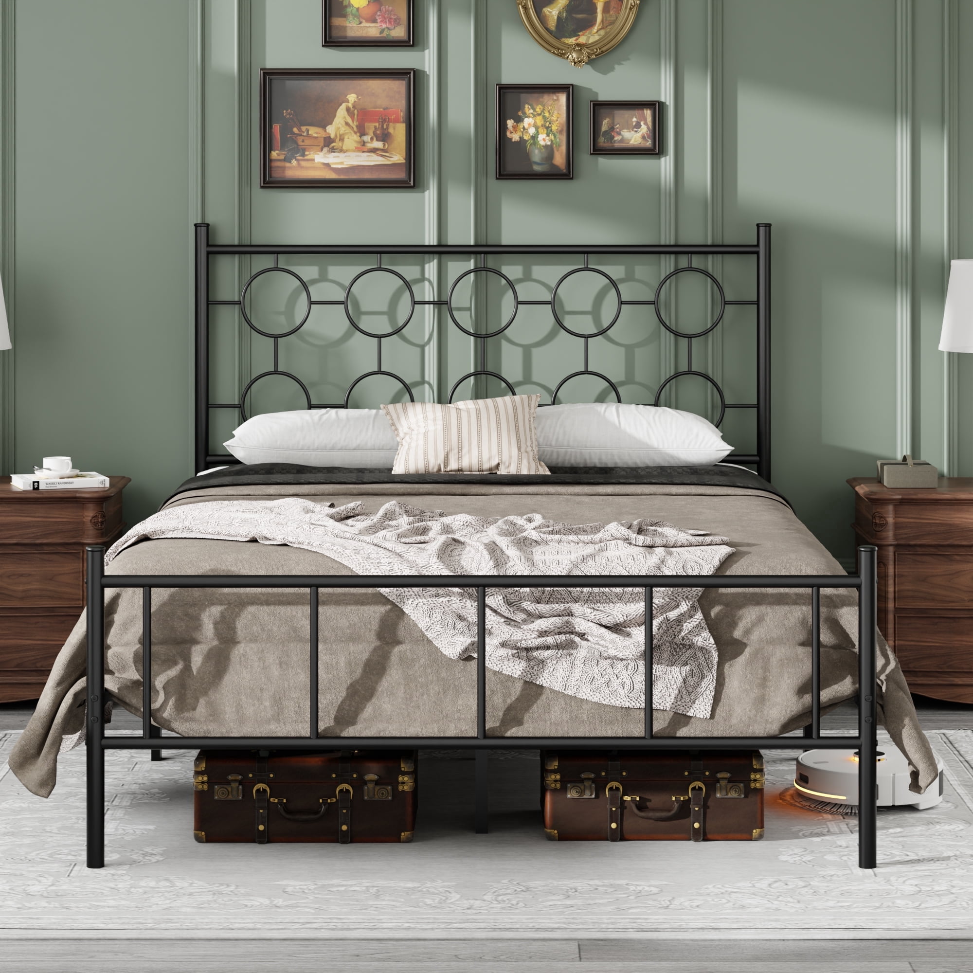 Queen Size Metal Platform Bed Frame with 12" Storage Space, Victorian Style Iron Headboard/Footboard, Sturdy Slat Support, No Springs Required, Easy to Assemble (Mattress Not Included)(Black)