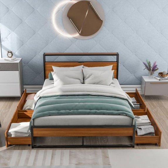 Queen Size Metal Platform Bed Frame with 4 Storage Drawers, Sockets, USB Ports and Slat Support, Metal Queen Bed Frame with Wooden Headboard & Footboard, No Box Spring Needed (Queen, Black)