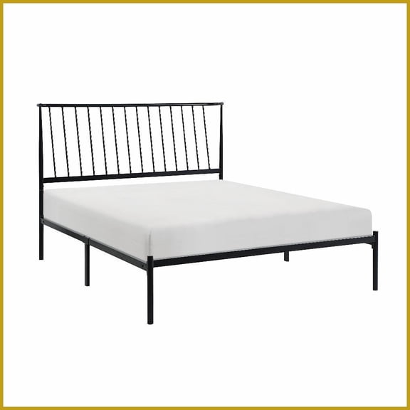 Queen Size Metal Platform Bed Frame - Black Finish, Angled Headboard, No Box Spring Needed for Bedroom