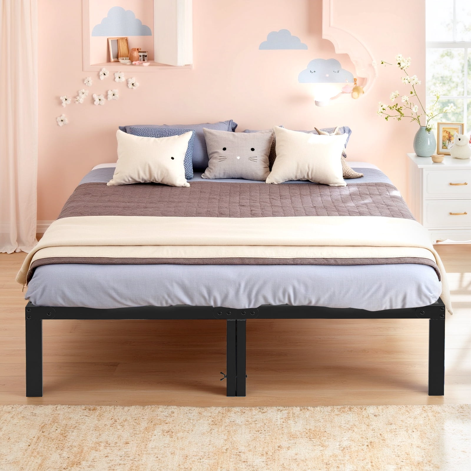 Queen Size Metal Platform Bed Frame, Heavy Duty Mattress Foundation with Steel Slats Support, No Box Spring Needed, Black