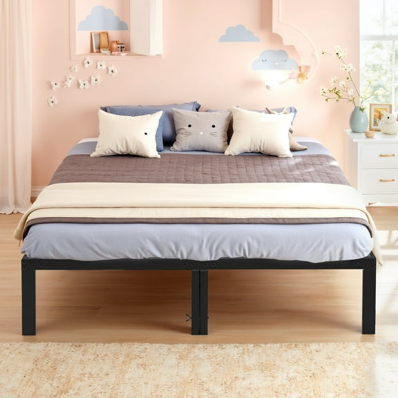 Queen Size Metal Platform Bed Frame, Heavy Duty Mattress Foundation with Steel Slats Support, No Box Spring Needed, Black