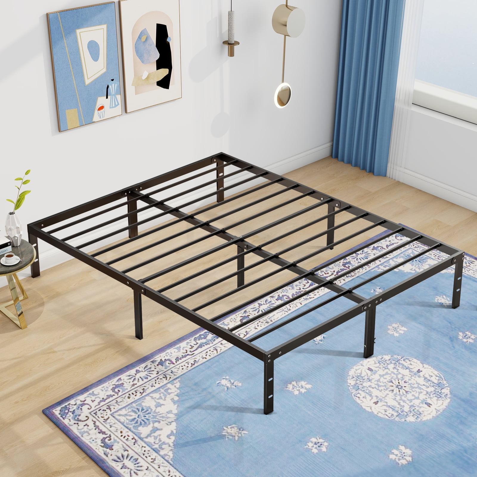 Queen Size Metal Platform Bed Frame Heavy Duty Mattress Foundation with Steel Slats Support No Box Spring Needed Black