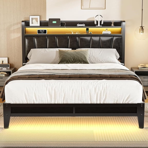 Queen Size Metal Platform Bed Frame with LED Lights and Charging Station, 2-Tier Storage Shelves and PU Leather Headboard for Master Bedroom, No Box Spring Needed, Black