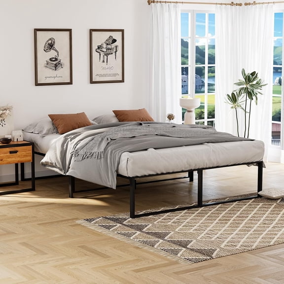 Queen Size Metal Platform Bed Frame No Box Spring Needed Non-Slip 79.9Inx60.2Inx13.9In for Bedroom Black