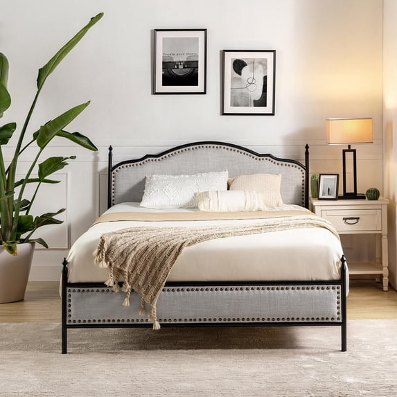 Queen Size Metal Platform Bed Frame, Upholstered Headboard Footboard Wood Slat Support No Box Spring Needed Beige