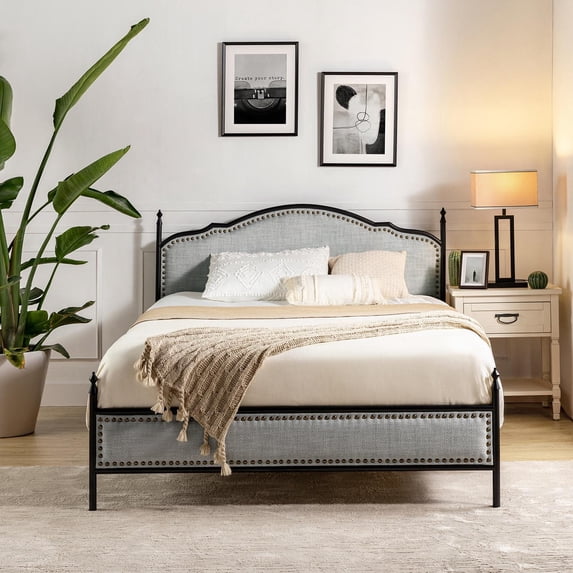Queen Size Metal Platform Bed Frame, Upholstered Headboard Footboard Wood Slat Support No Box Spring Needed Grey