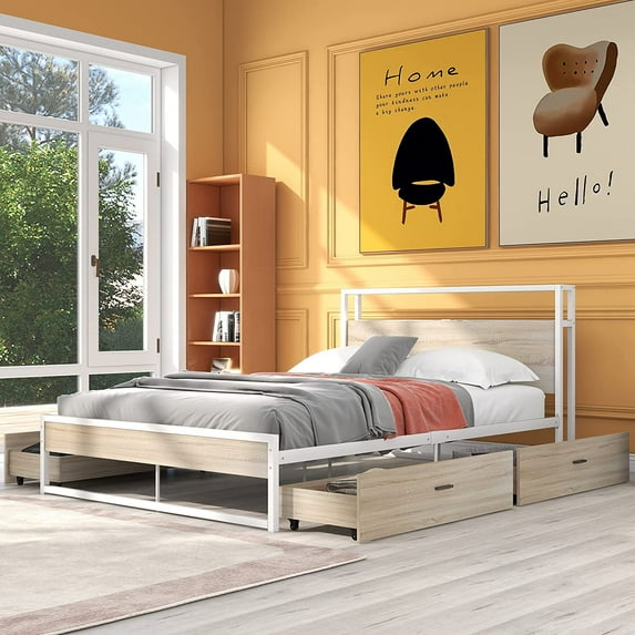 Queen Size Metal Platform Bed Frame with Four Drawers,Sockets and USB Ports,Slat Support No Box Spring Needed