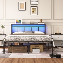 UHOMEPRO Bed Frame Queen Size with Charging Station & LED Lights, Black Metal Platform Bed Frame Queen Size with Headboard Storage, No Box Spring Needed, 12.8” Under Bed Storage