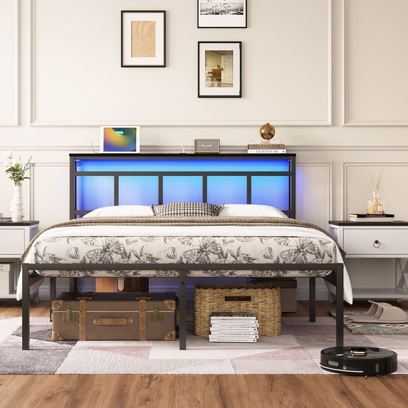 UHOMEPRO Bed Frame Queen Size with Charging Station & LED Lights, Black Metal Platform Bed Frame Queen Size with Headboard Storage, No Box Spring Needed, 12.8” Under Bed Storage