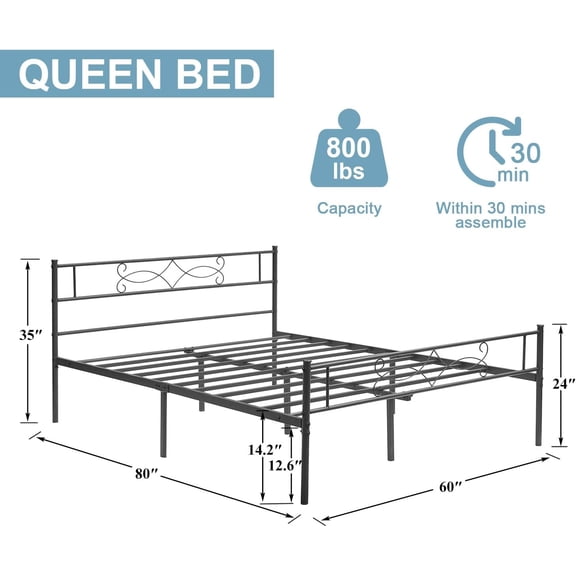Queen Size Metal Platform Bed Frame with Headboard Premium Steel Slat Support No Box Spring Needed Noise-Free Anti-Slip Easy Assembly