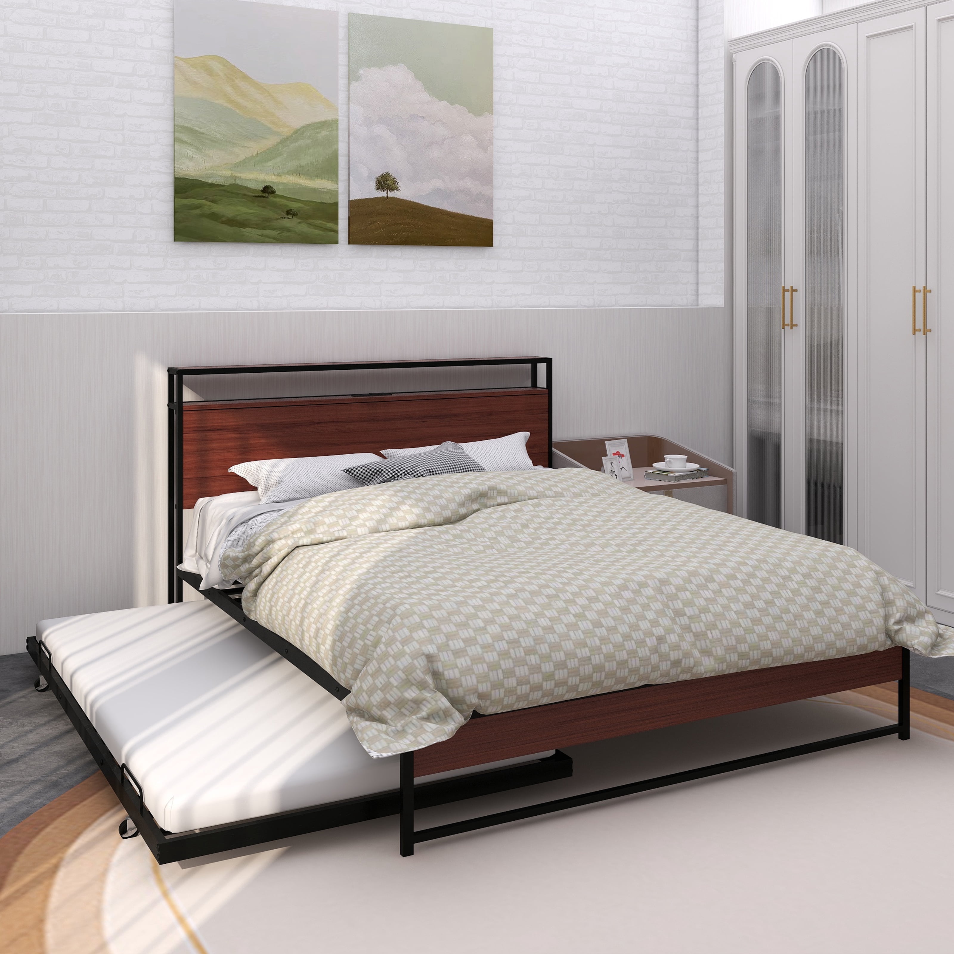Queen Size Metal Platform Bed Frame with Trundle, USB Ports and Slat Support ,No Box Spring Needed Black