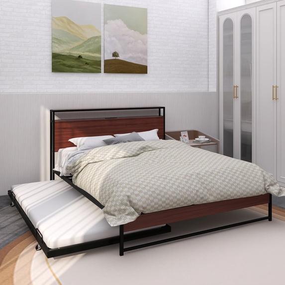 Queen Size Metal Platform Bed Frame with Trundle, USB Ports and Slat Support ,No Box Spring Needed Black